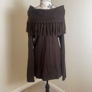 VTG Valerie Bertinelli Women Sweater Dress Fringe Off Shoulder Knit Brown Size L